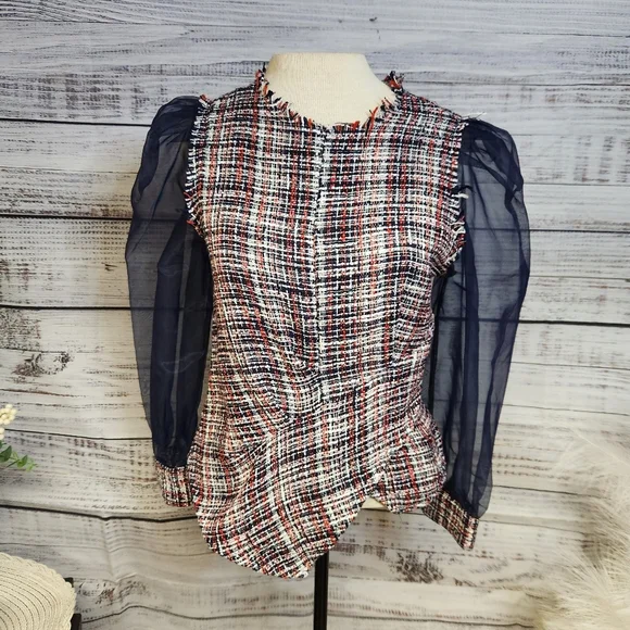 Zara Organza Puff Sleeve Tweed Plaid Blouse - Picture 2 of 6